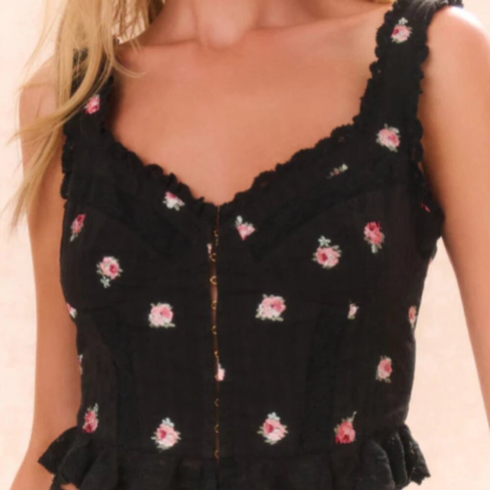 LoveShack Fancy Galette Floral Embroidered Peplum Top – Black